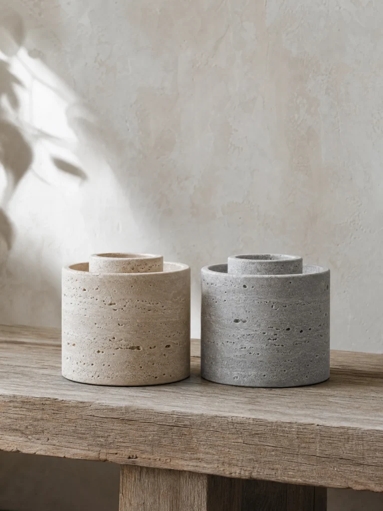 Beige og silver grey travertin side om side — farveforskellen i naturligt lys