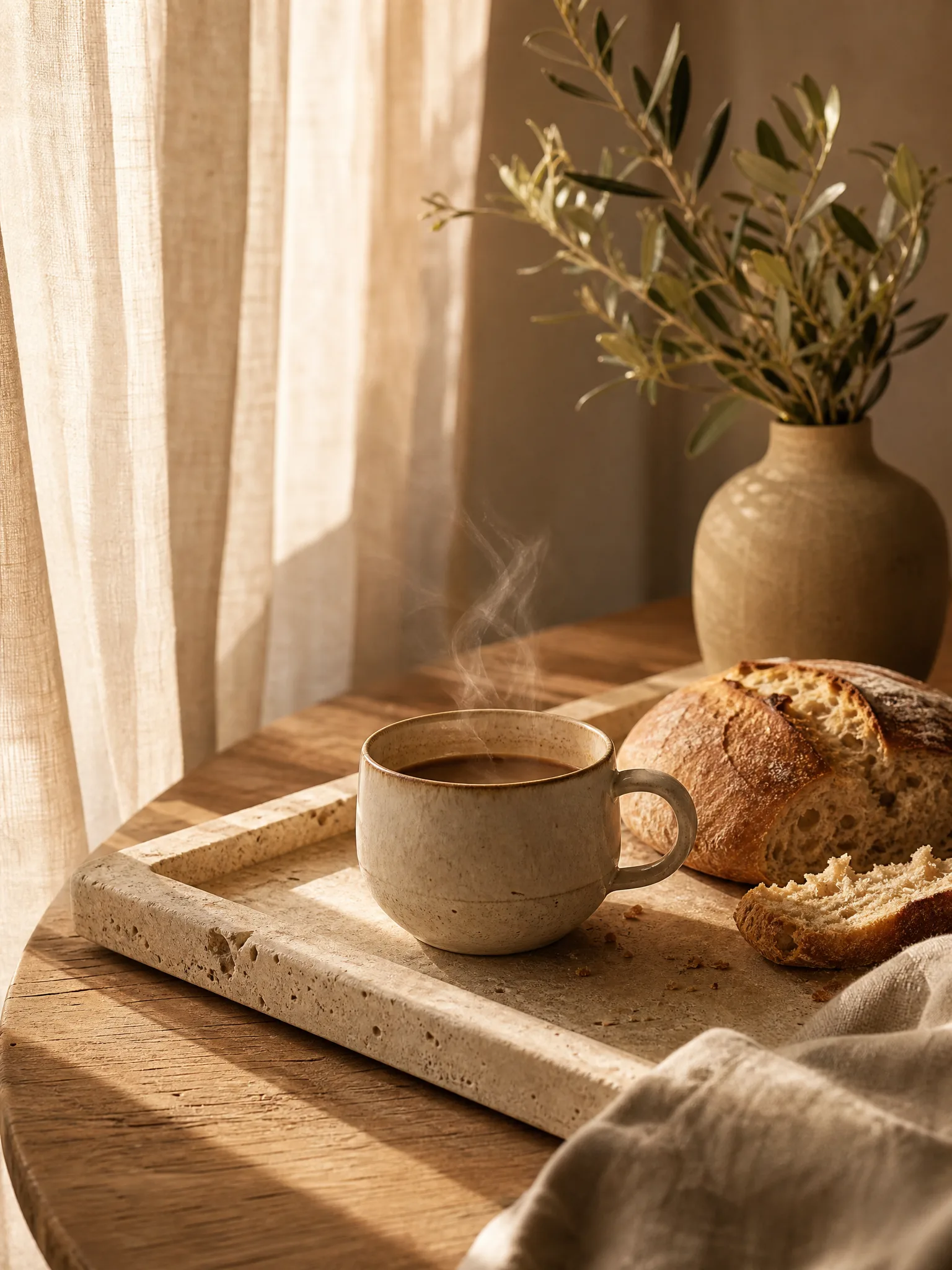 Morgenbordet — dampende kaffe og frisk brød på travertinbakke i morgenlys