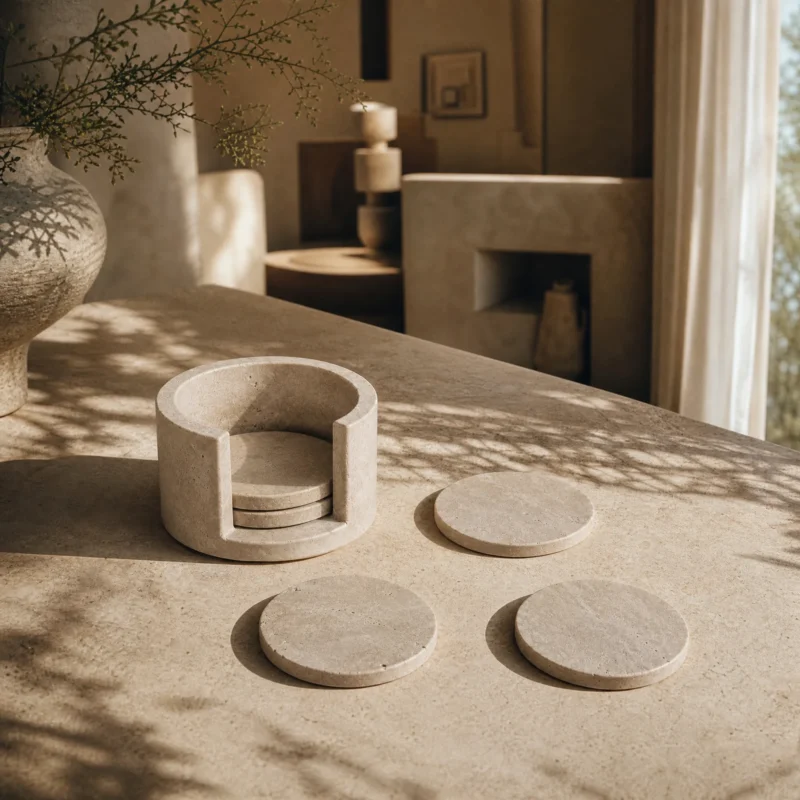 Orbit Coasters — runde bordskånere i travertin med holder på stenbord i dansk sollys