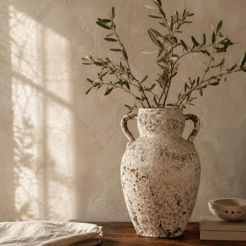 Relic Vase med olivengrene i sidelys, skygger fra et vindue paa kalket vaeg